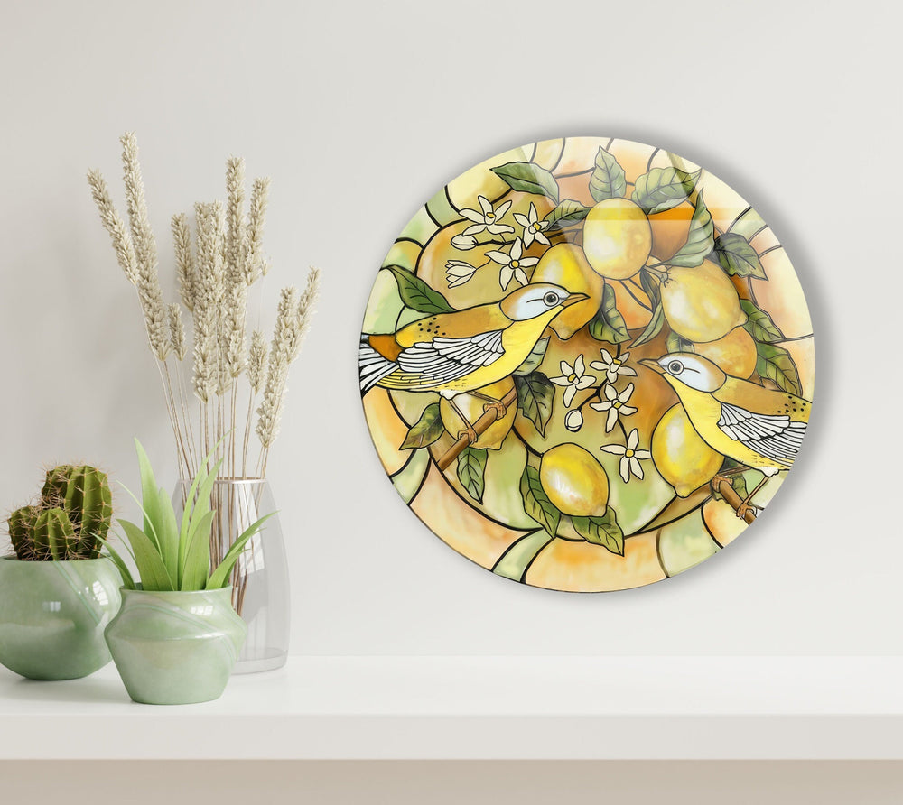 Lemon Tree & Birds Stained Round Glass Wall Art glass wall decor, glass wall art decor
