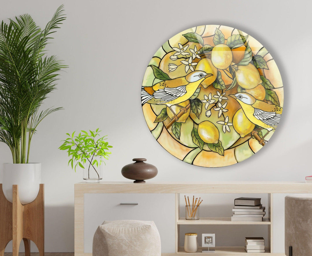 Lemon Tree & Birds Stained Round Glass Wall Art art glass wall art, glass wall art pictures
