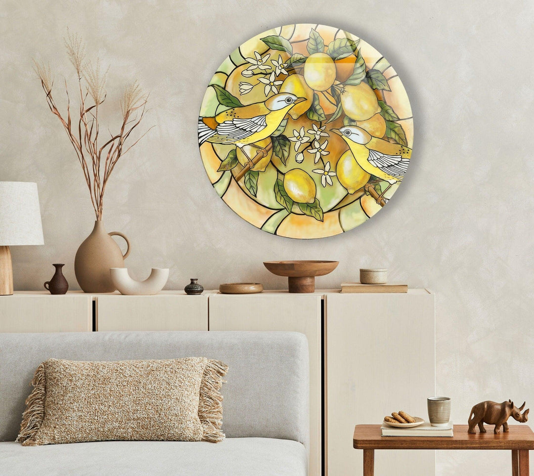 Lemon Tree & Birds Stained Round Glass Wall Art Glass Printing Wall Art, Print photos on glass
