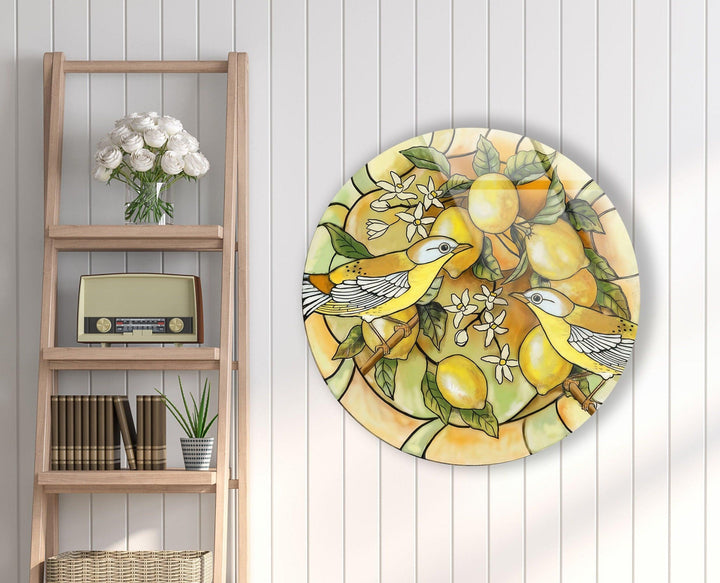 Lemon Tree & Birds Stained Round Glass Wall Art glass pictures for Wall, glass prints wall art
