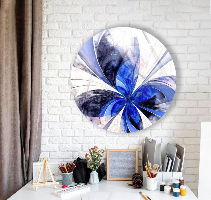 Blue Fractal Flower Round Glass Wall Art glass photo prints, glass picture prints
