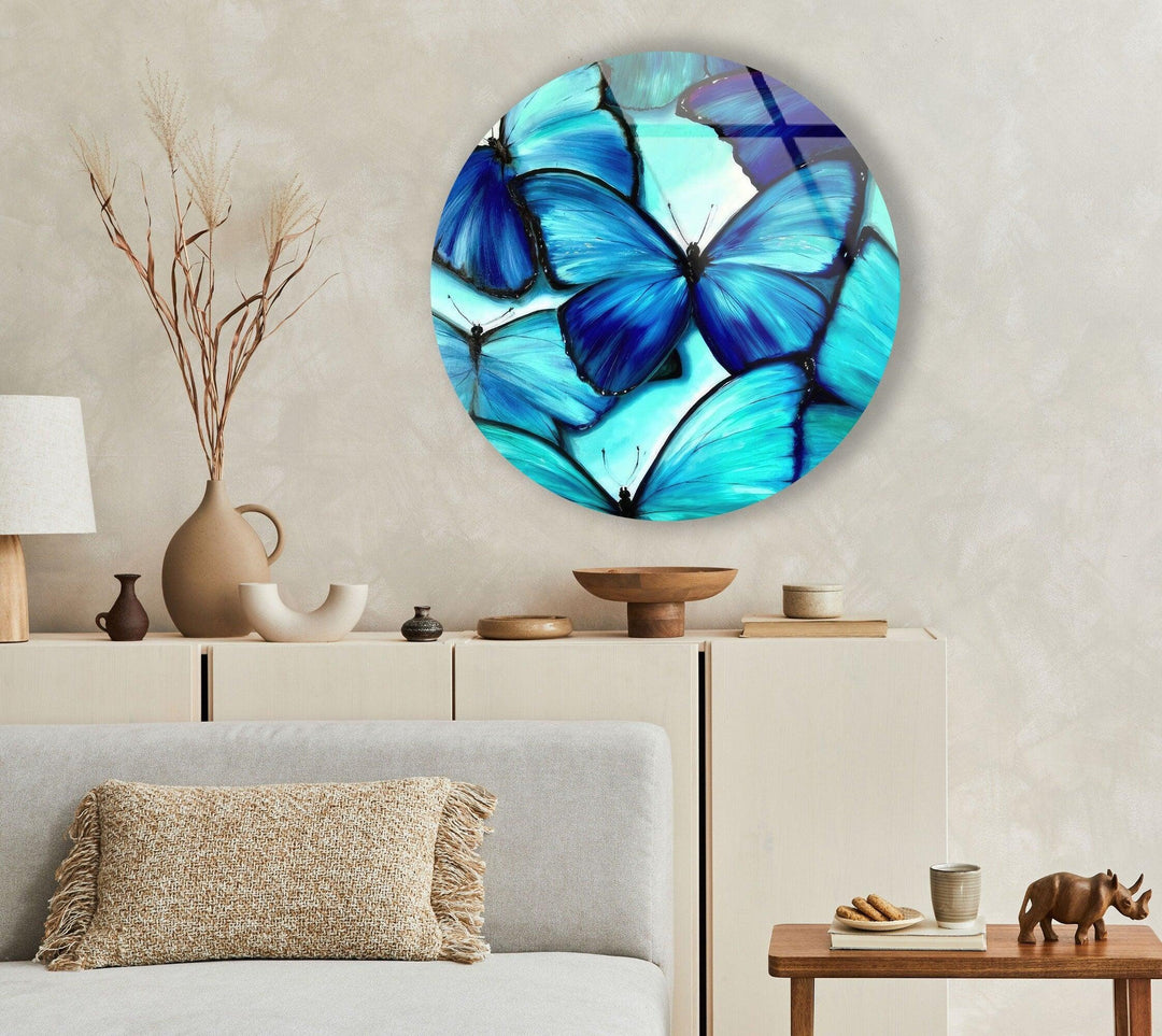 Blue Butterfly Round Glass Wall Art glass wall decor, glass wall art decor
