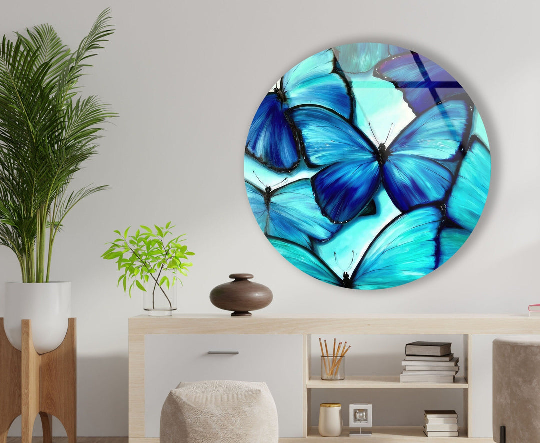 Blue Butterfly Round Glass Wall Art glass art painting, glass art for the Wall
