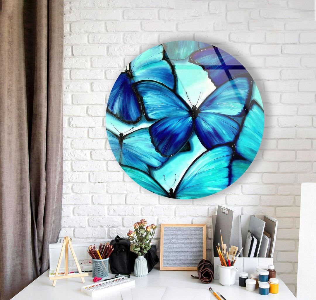 Blue Butterfly Round Glass Wall Art glass photo prints, glass picture prints
