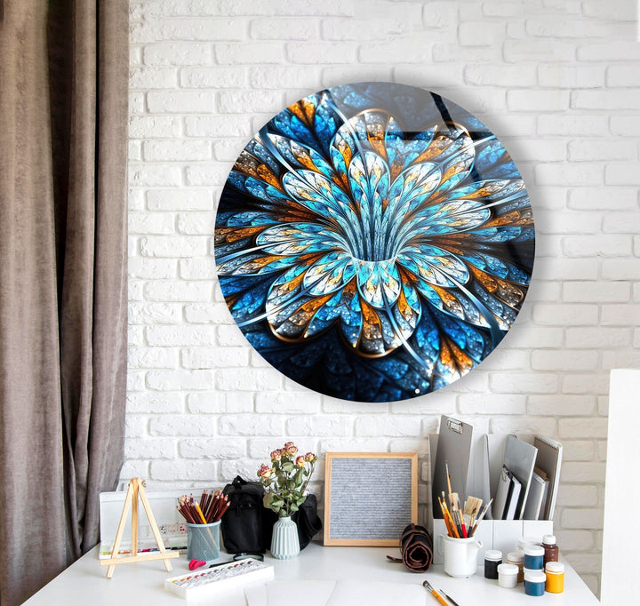 Fractal Blue Flower Round Glass Wall Art custom glass pictures, glass art prints
