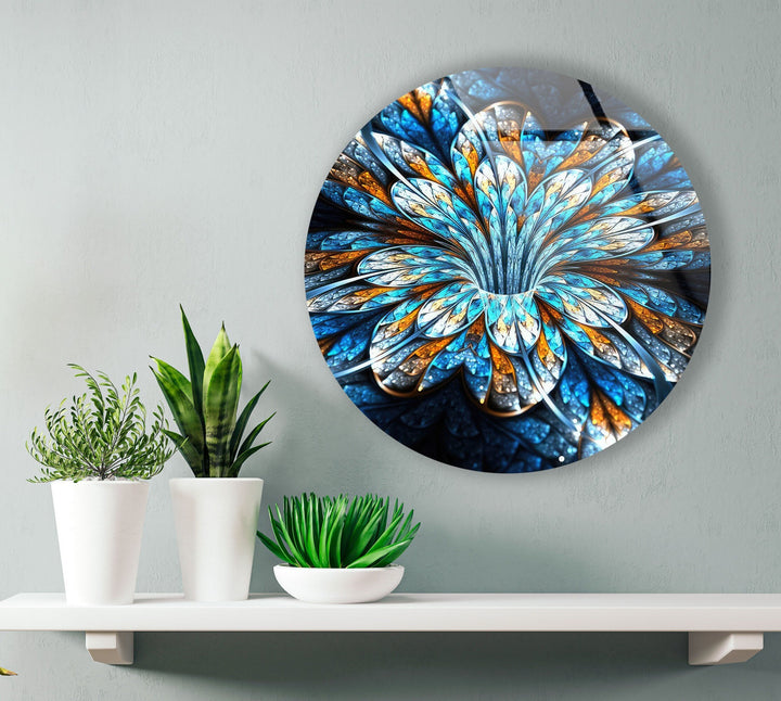 Fractal Blue Flower Round Glass Wall Art glass pictures for Wall, glass prints wall art
