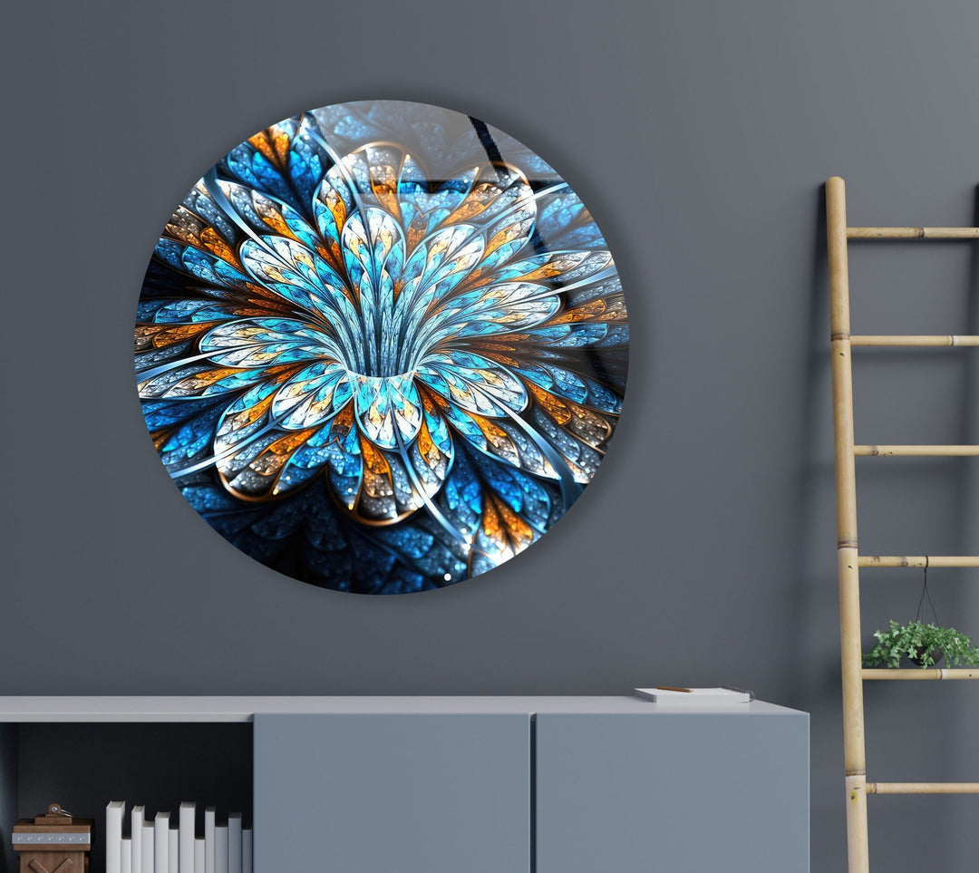 Fractal Blue Flower Round Glass Wall Art glass photo prints, glass picture prints
