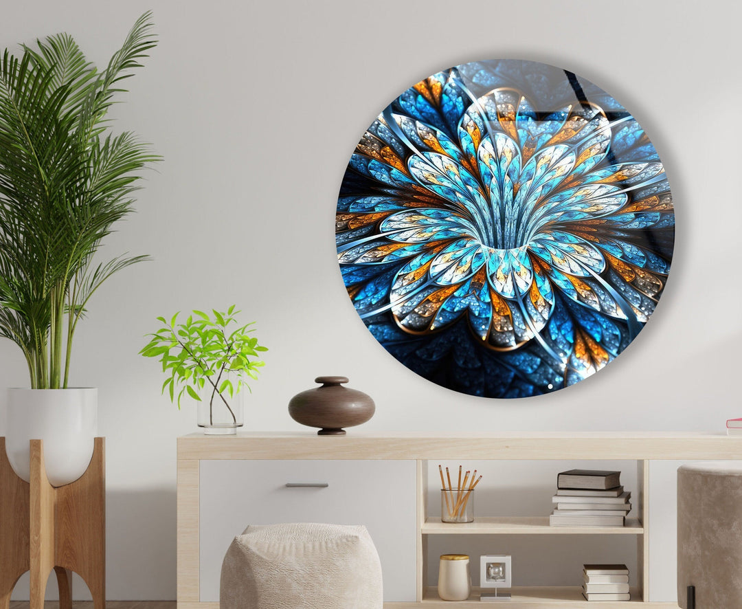 Fractal Blue Flower Round Glass Wall Art large glass photo prints, glass wall photos
