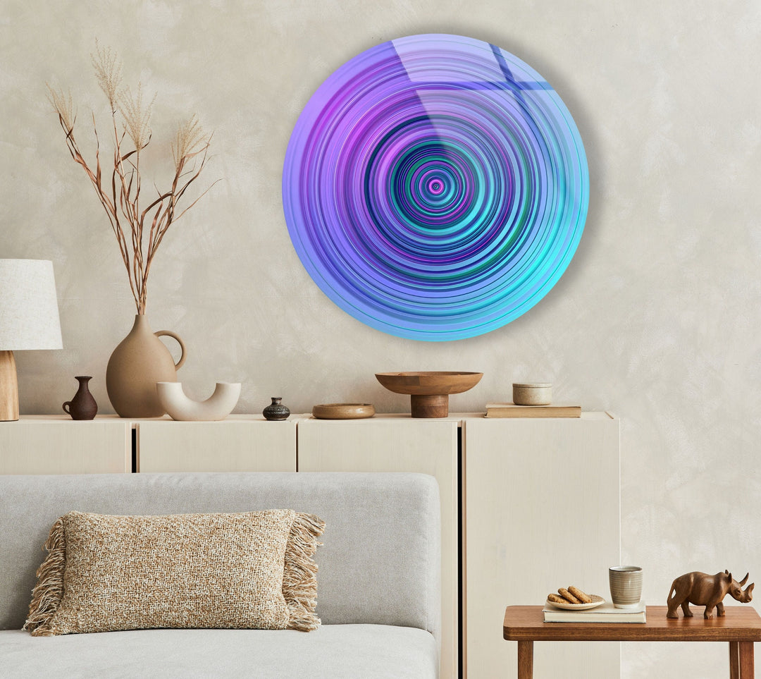 Purple & Blue Spiral Abstract Round Glass Wall Art glass art painting, glass art for the Wall
