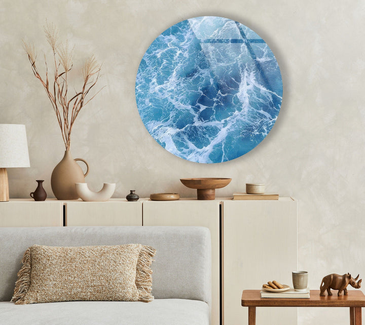 Blue Ocean Waves Round Glass Wall Art glass art painting, glass art for the Wall