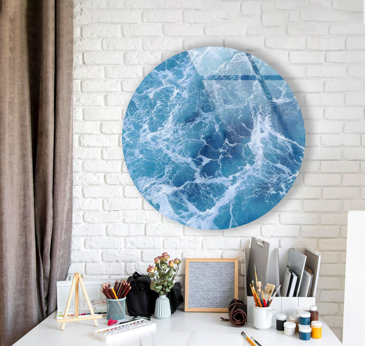 Blue Ocean Waves Round Glass Wall Art glass photo prints, glass picture prints