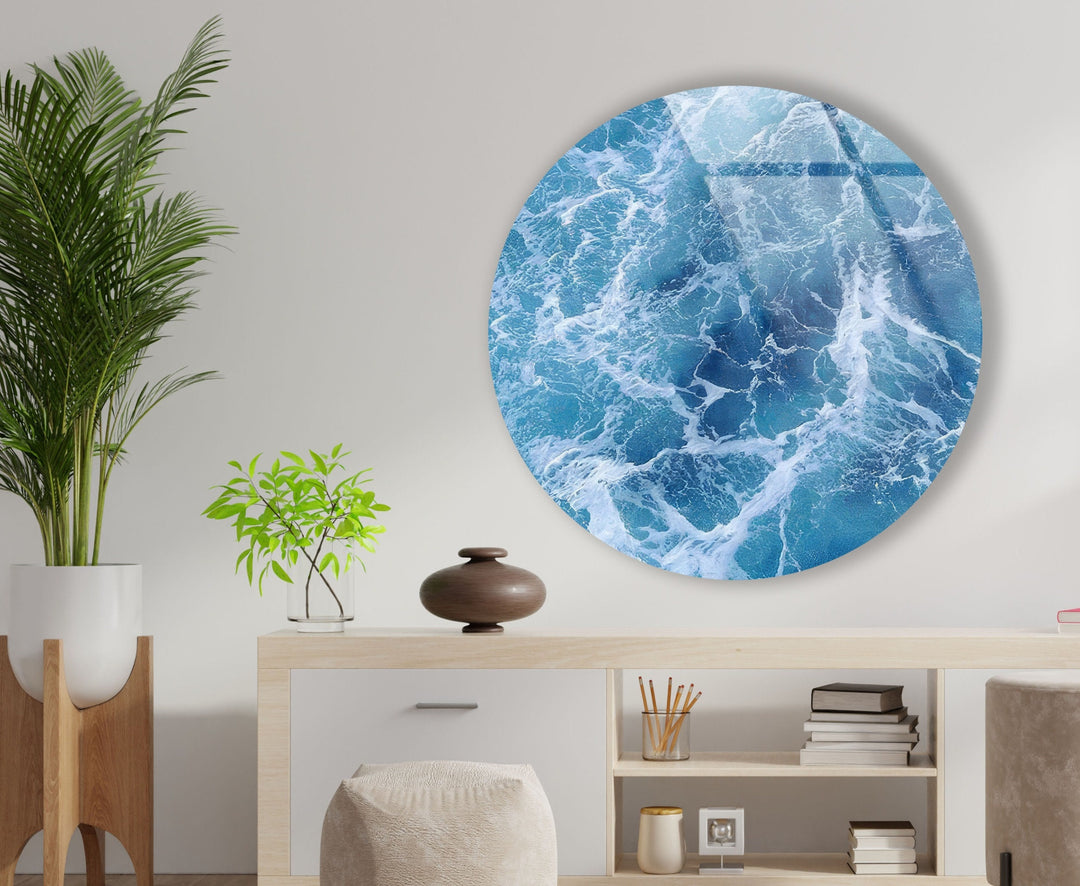 Blue Ocean Waves Round Glass Wall Art glass image printing, glass prints from photos