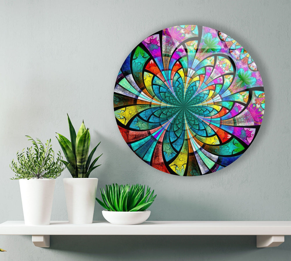 Stained Colored Flower Round Glass Wall Art picture on glass wall art, photos printed on glass
