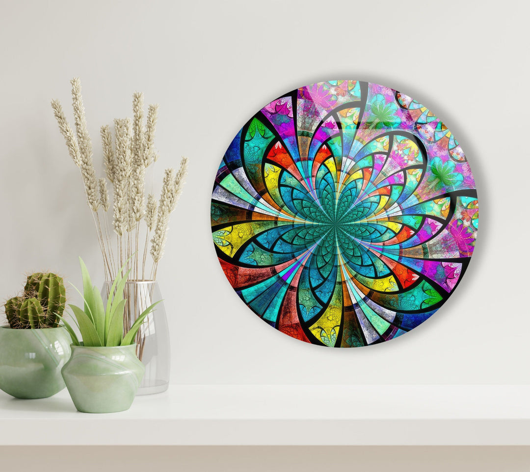 Stained Colored Flower Round Glass Wall Art large glass photo prints, glass wall photos
