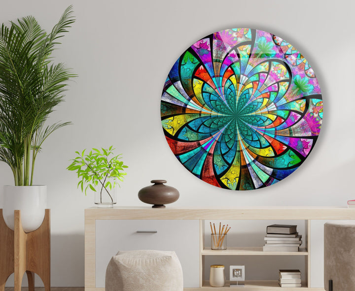 Stained Colored Flower Round Glass Wall Art glass image printing, glass prints from photos
