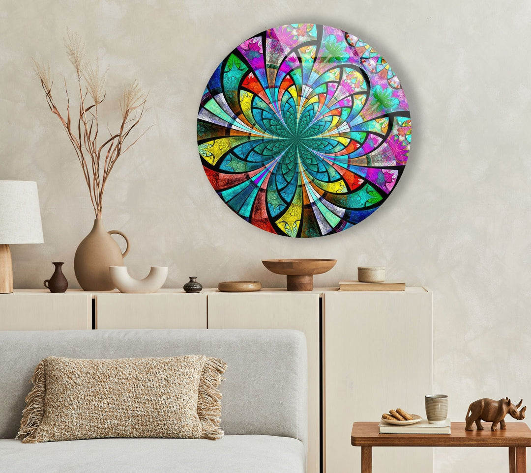 Stained Colored Flower Round Glass Wall Art glass photo prints, glass picture prints
