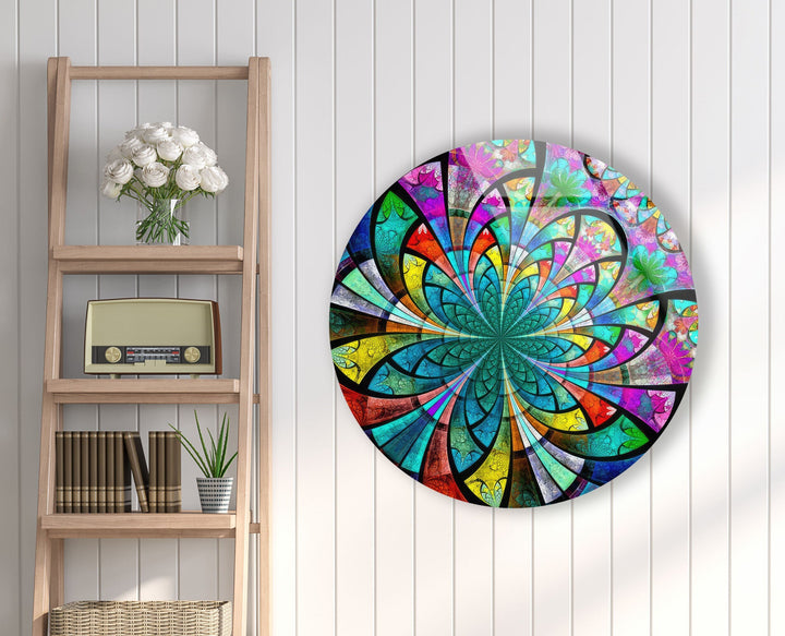 Stained Colored Flower Round Glass Wall Art Glass Printing Wall Art, Print photos on glass
