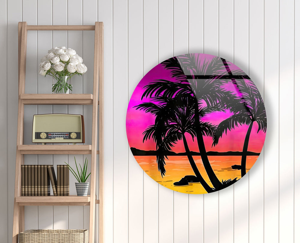 Tropical with Sunset View Round Glass Wall Art glass wall decor, glass wall art decor
