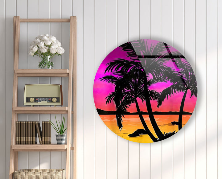 Tropical with Sunset View Round Glass Wall Art glass wall decor, glass wall art decor
