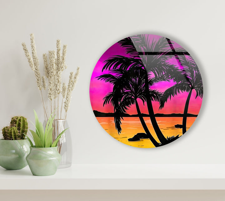 Tropical with Sunset View Round Glass Wall Art glass art painting, glass art for the Wall
