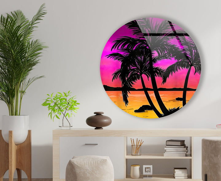 Tropical with Sunset View Round Glass Wall Art art glass wall art, glass wall art pictures
