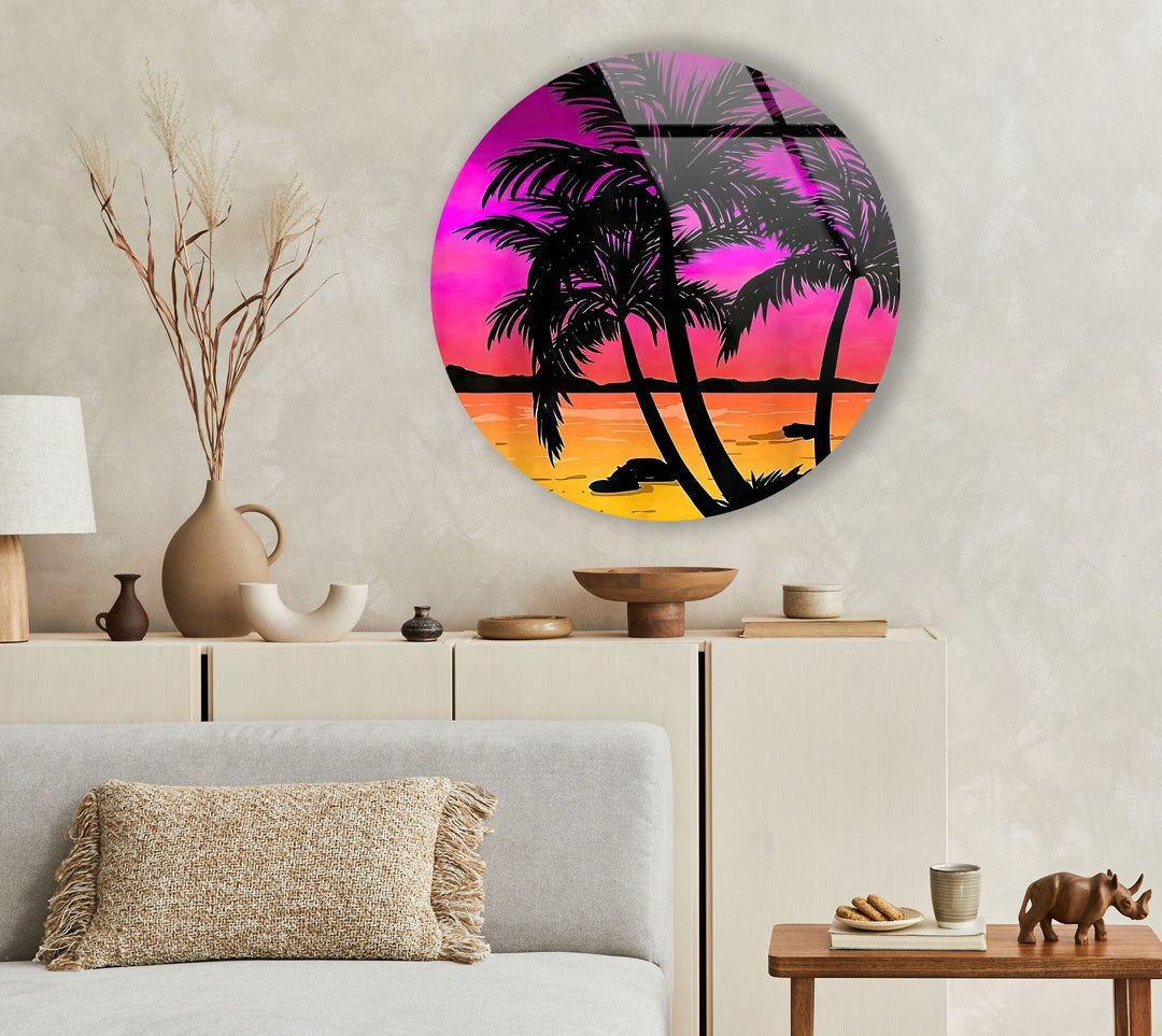 Tropical with Sunset View Round Glass Wall Art Glass Printing Wall Art, Print photos on glass
