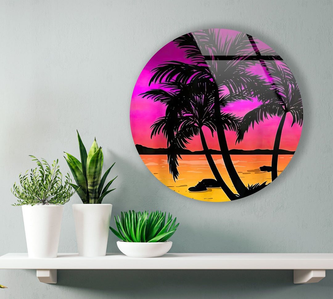 Tropical with Sunset View Round Glass Wall Art glass photo prints, glass picture prints
