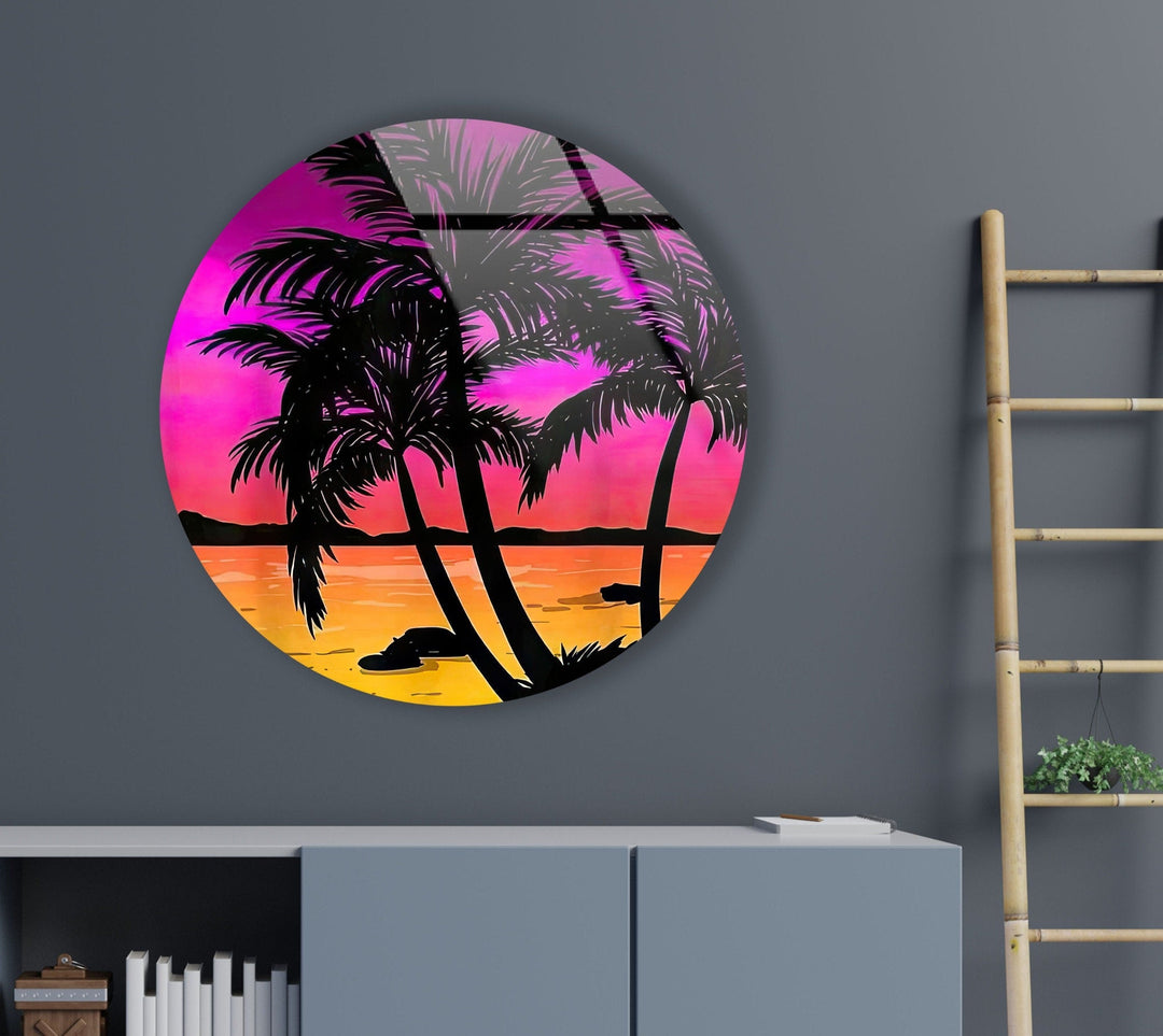 Tropical with Sunset View Round Glass Wall Art glass pictures for Wall, glass prints wall art
