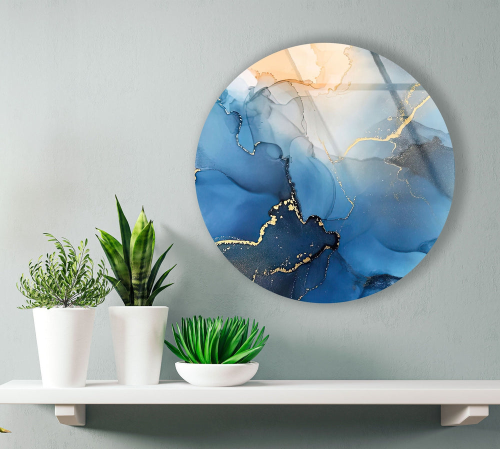 Abstract Round Blue Alcohol Ink Glass Wall Art picture on glass wall art, photos printed on glass
