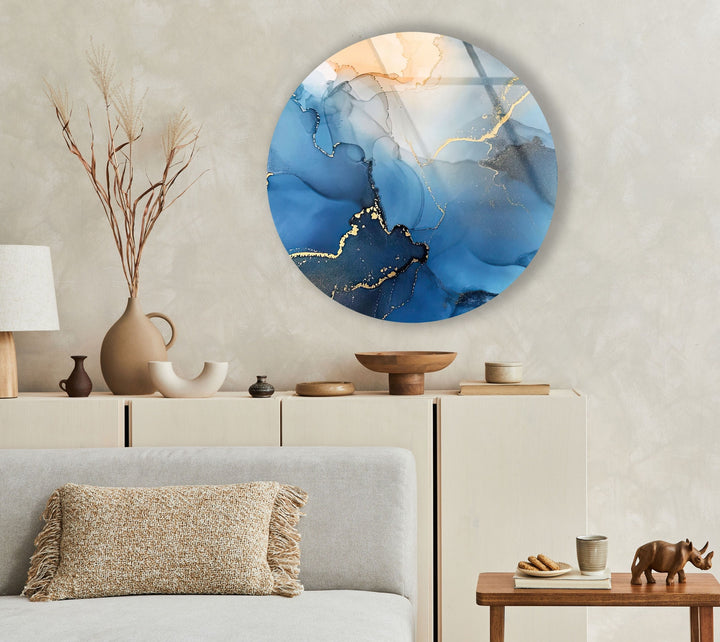 Abstract Round Blue Alcohol Ink Glass Wall Art glass photo prints, glass picture prints
