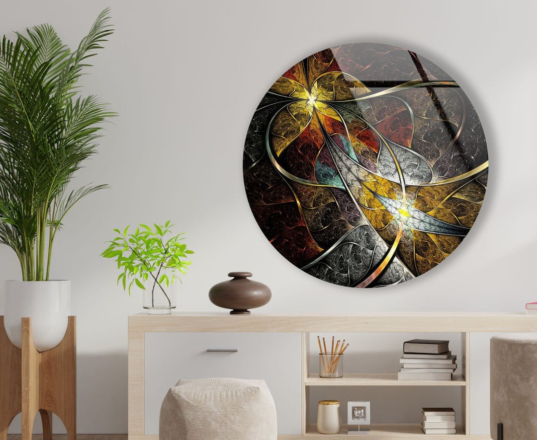 Round Symmetrical Fractal Flower Glass Wall Art Glass Printing Wall Art, Print photos on glass
