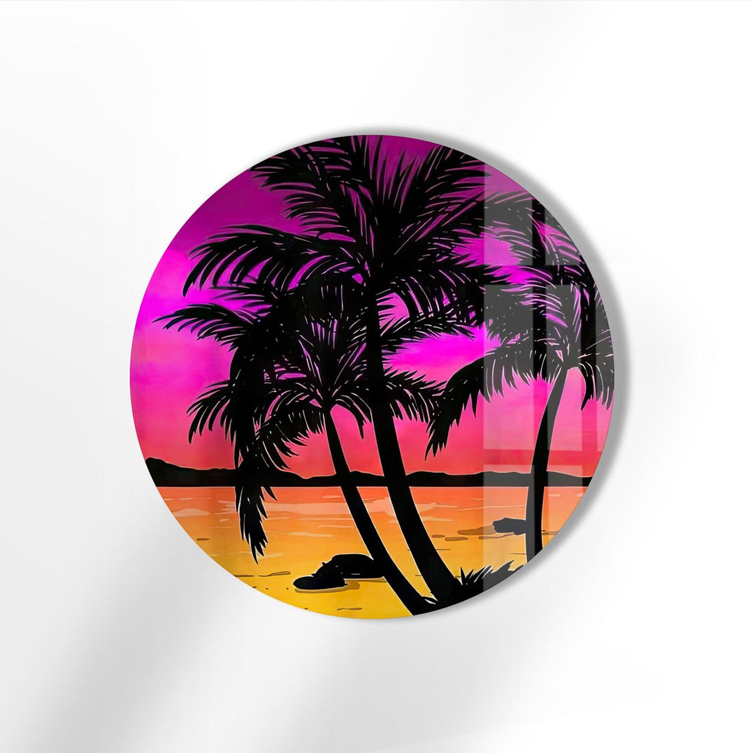 Tropical with Sunset View Round Glass Wall Art stained glass wall art, stained glass wall decor
