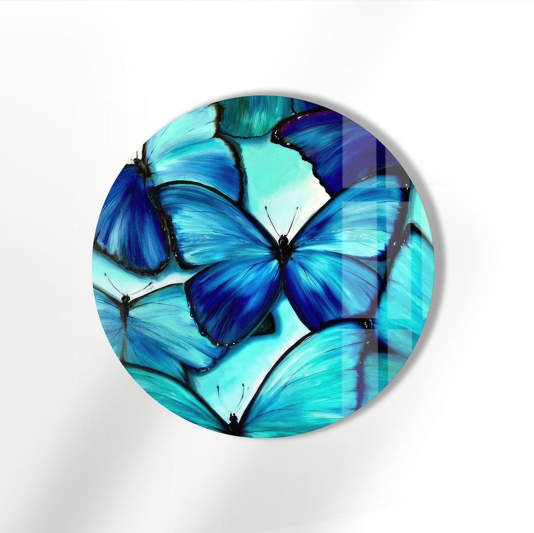 Blue Butterfly Round Glass Wall Art stained glass wall art, stained glass wall decor
