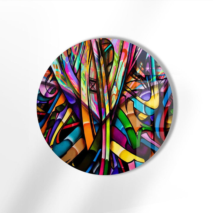 Stained Geometric Lines Round Glass Wall Art glass art painting, glass art for the Wall
