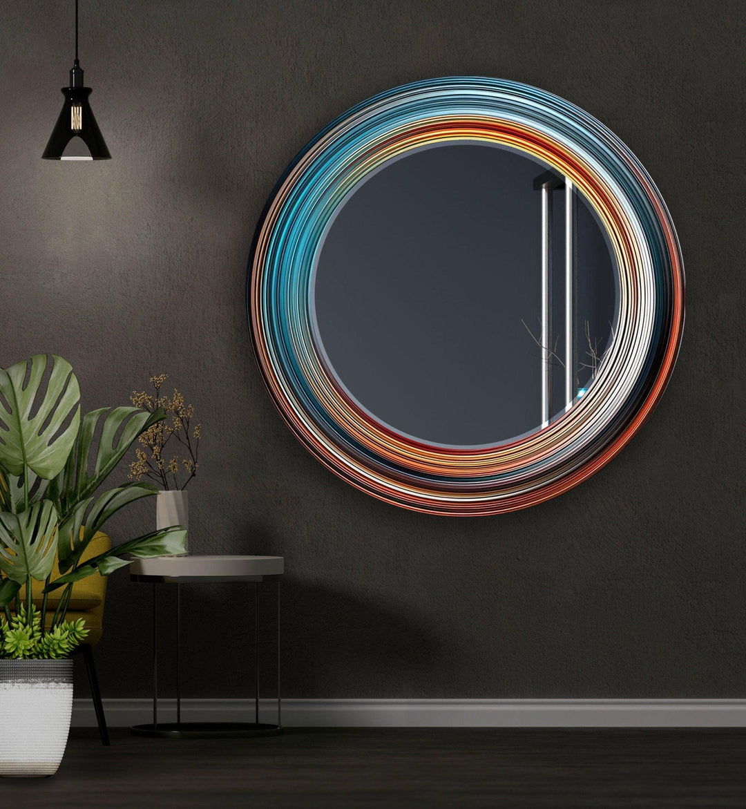 Blue & Orange Abstract Round Wall Mirror Entryway Wall Mirror
