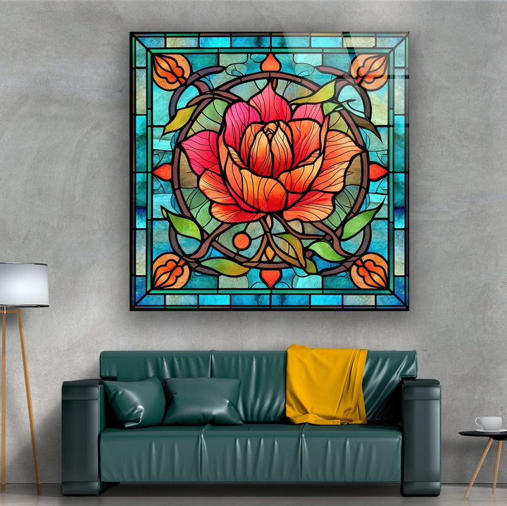 Red Floral Stained Glass Wall Art glass pictures for Wall, glass prints wall art