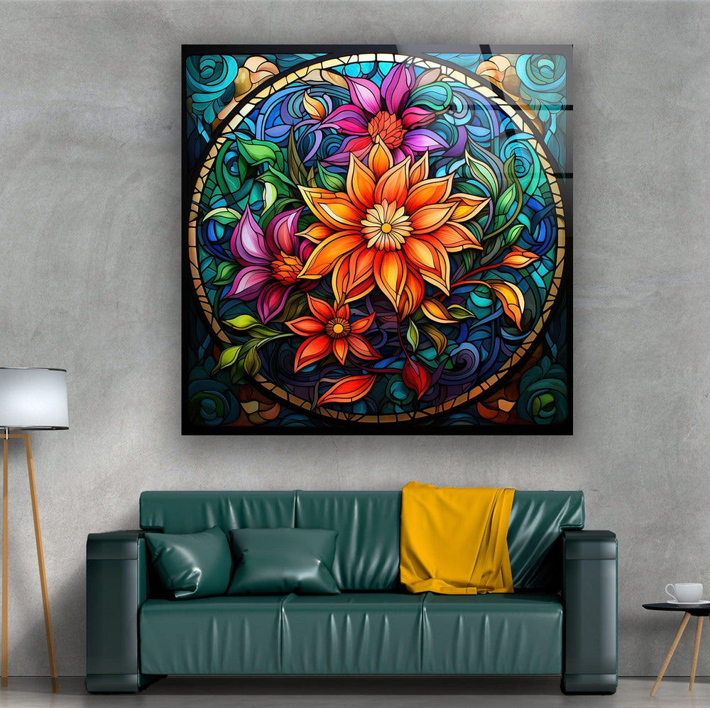 Vintage Floral Stained Glass Wall Art print on glass, glass printed photos