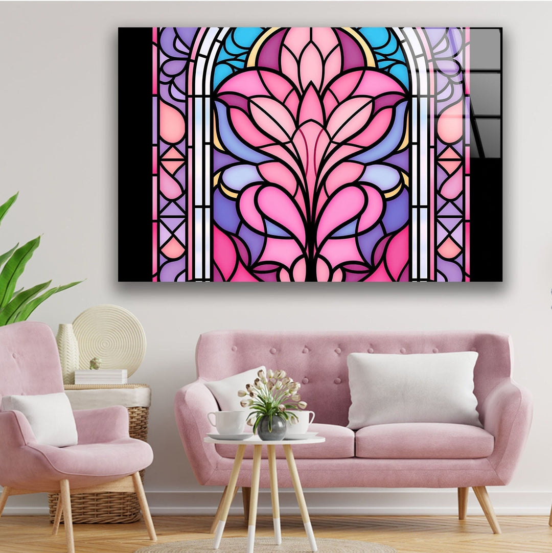 Stained Pink Floral Glass Wall Art glass pictures for Wall, glass prints wall art