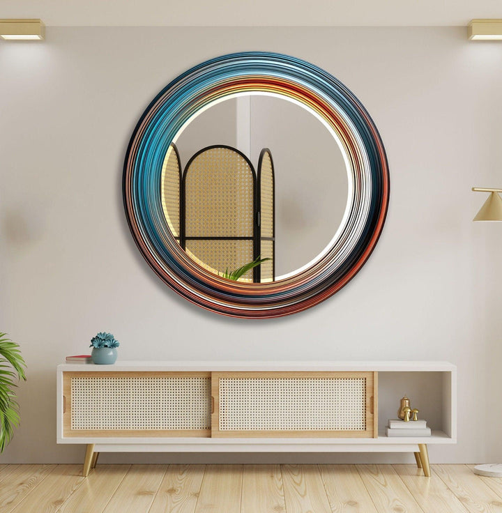 Blue & Orange Abstract Round Wall Mirror Dining Room Wall Mirror
