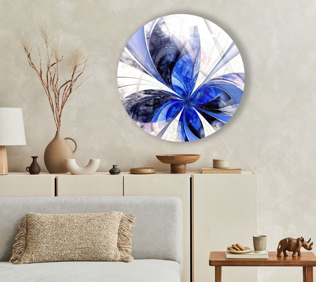 Blue Fractal Flower Round Glass Wall Art glass wall decor, glass wall art decor
