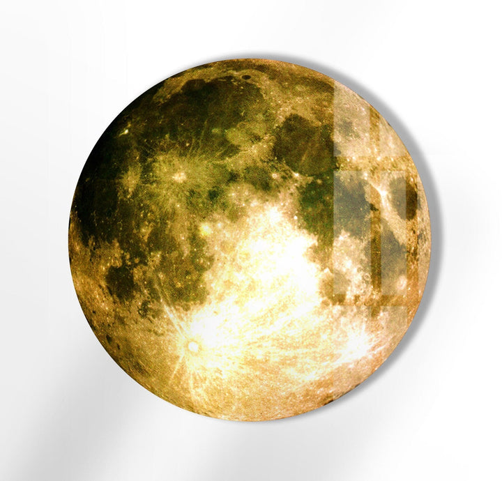 Moon Patterned Golden Abstract Round Glass Wall Art custom glass photo prints, large glass prints
