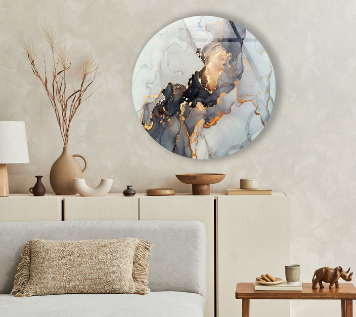 Gold Details Gray Marble Round Glass Wall Art stained glass wall art, stained glass wall decor
