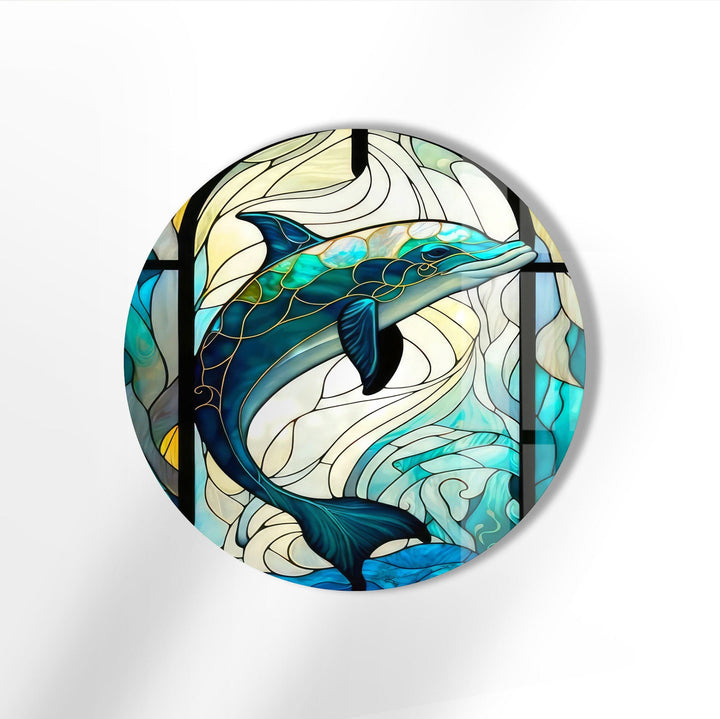 Stained Dolphin Round Glass Wall Art custom glass photo prints, large glass prints