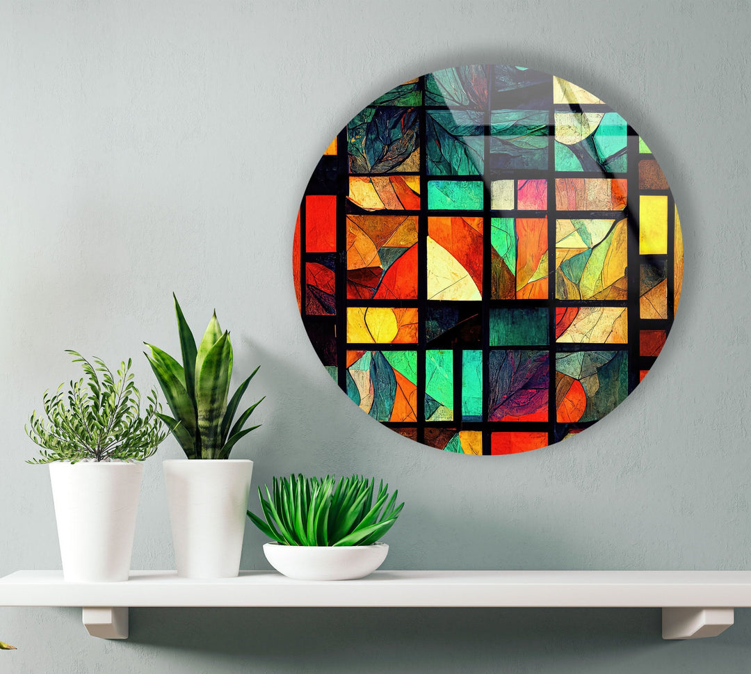 Yellow & Green Stained Round Glass Wall Art Glass Printing Wall Art, Print photos on glass
