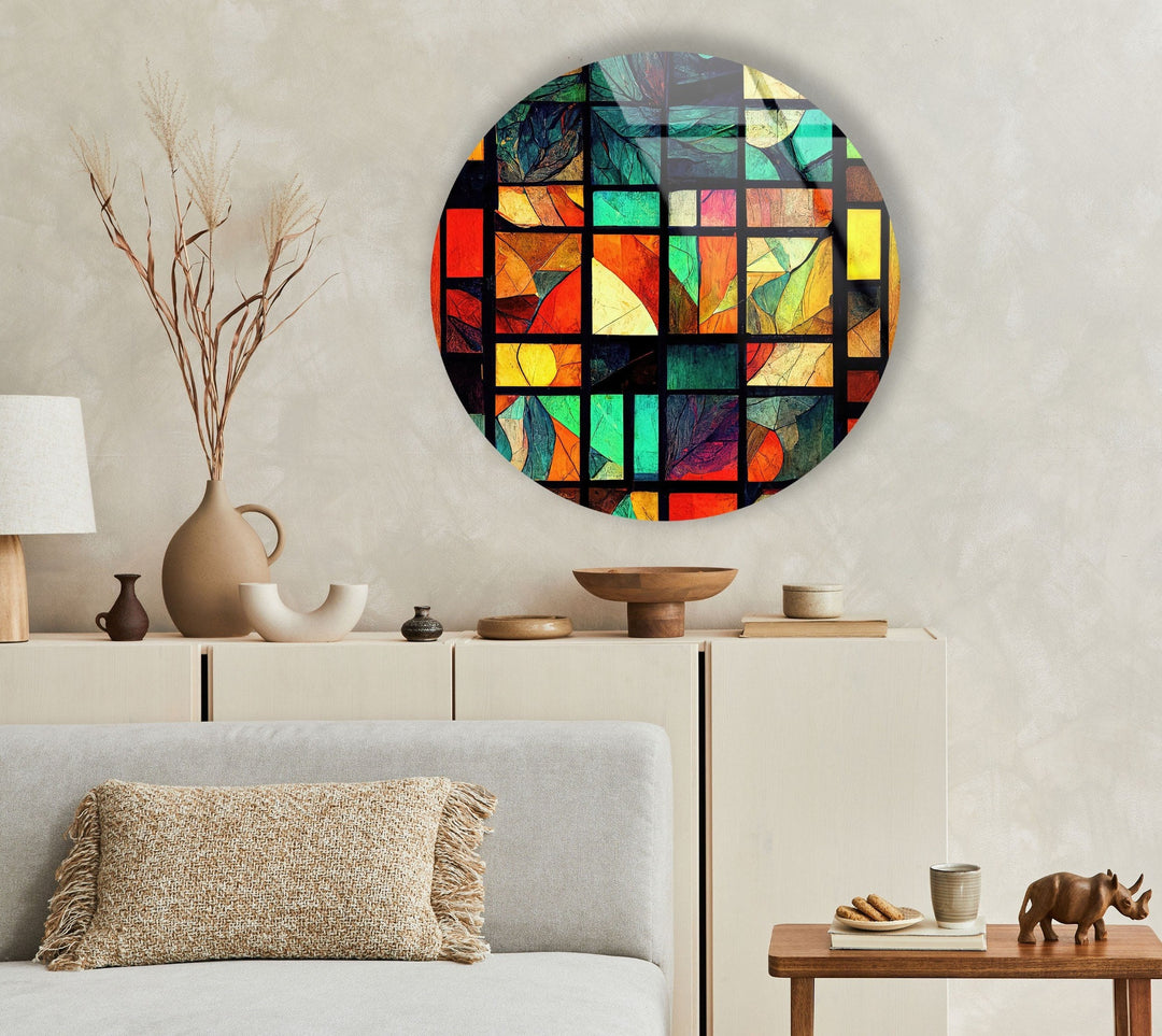 Yellow & Green Stained Round Glass Wall Art glass art painting, glass art for the Wall
