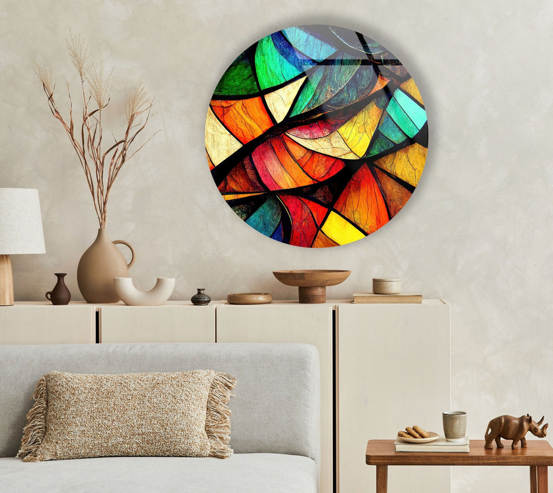 Stained Round Symmetrical Symbols Glass Wall Art photo print on glass, prints on glass wall art
