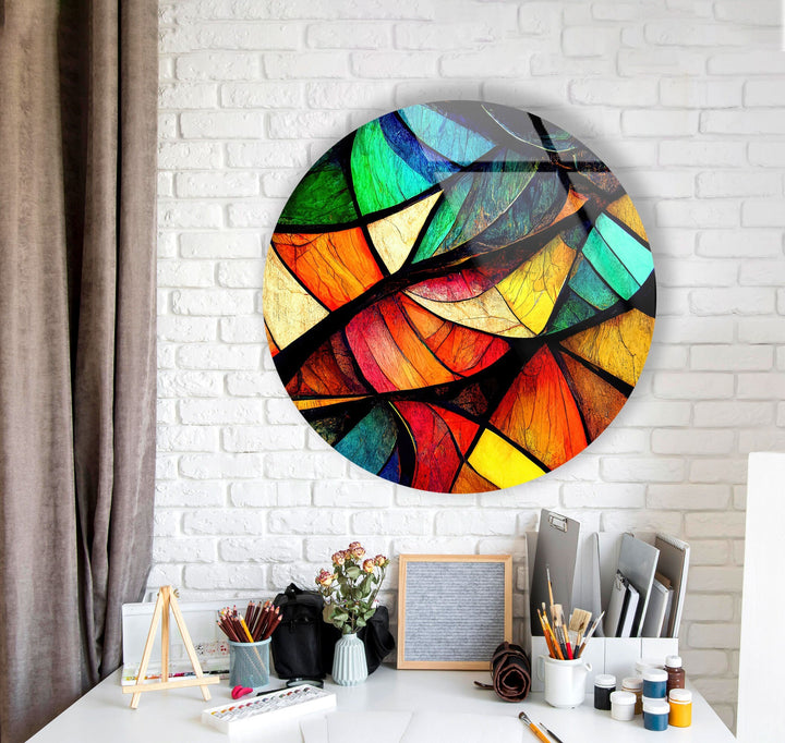 Stained Round Symmetrical Symbols Glass Wall Art picture on glass wall art, photos printed on glass
