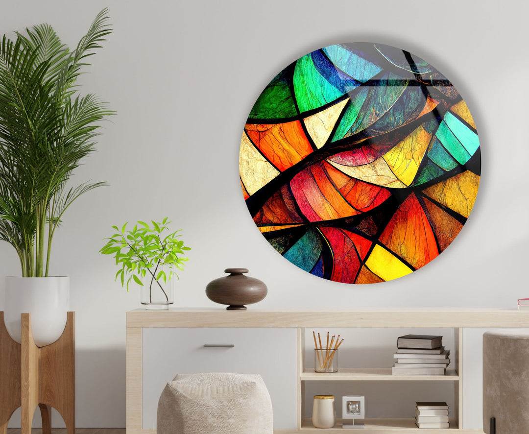 Stained Round Symmetrical Symbols Glass Wall Art print picture on glass, Tempered Glass Wall Art
