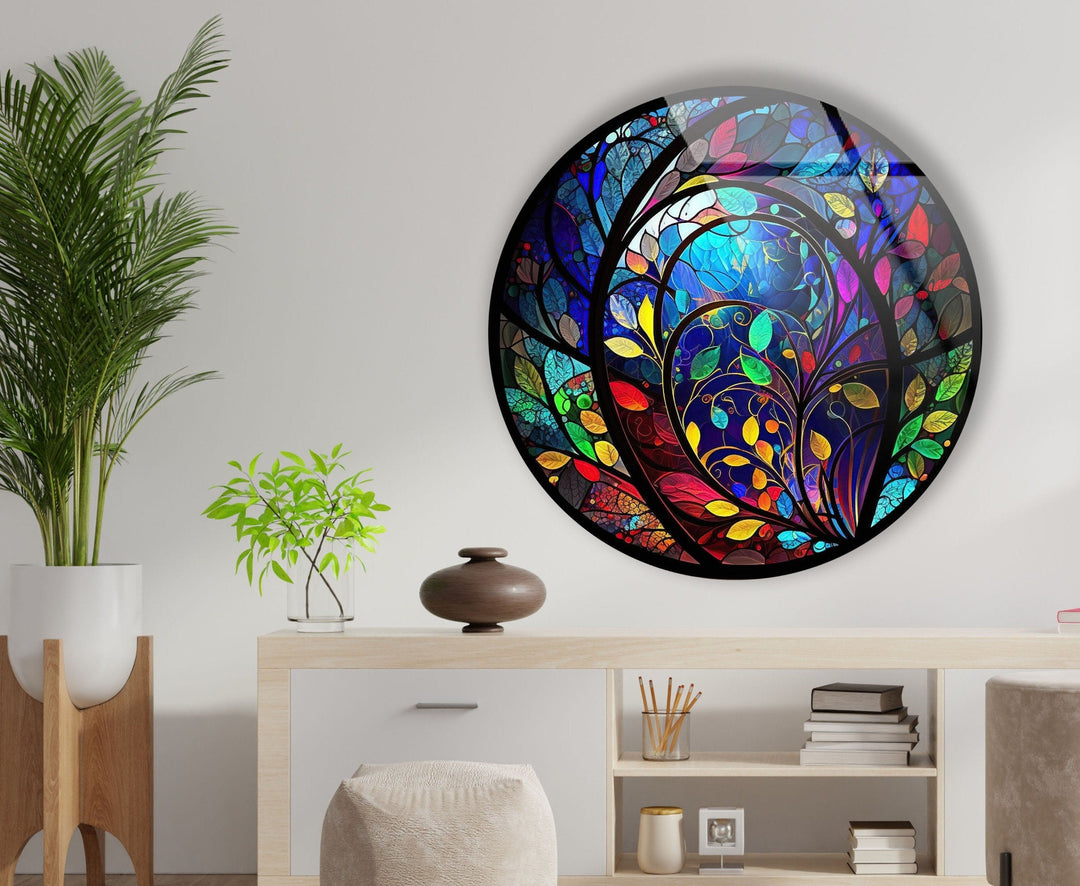 Stained Colorful Leaf Round Glass Wall Art glass photo prints, glass picture prints
