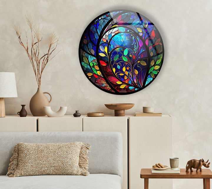 Stained Colorful Leaf Round Glass Wall Art glass image printing, glass prints from photos
